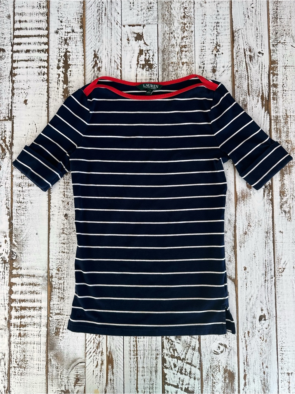 Lauren Ralph Lauren Navy Striped Boat Neck Tee Red Trim Size Small